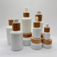 Botol Pompa Kaca Kosmetik Kemasan Jar Krim 15g-200ml Botol Lotion Kaca Opal Putih Miring Pompa/Botol Tetes/Tutup Bambu
