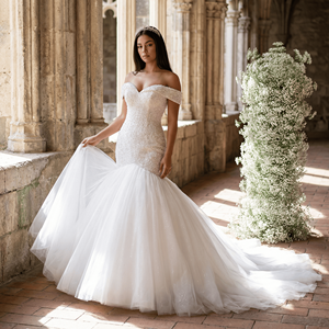 Vestido de novia estilo sirena Lsany204 vintage con apliques de encaje, cola larga y hombros descubiertos, Jancember - Product Image 1