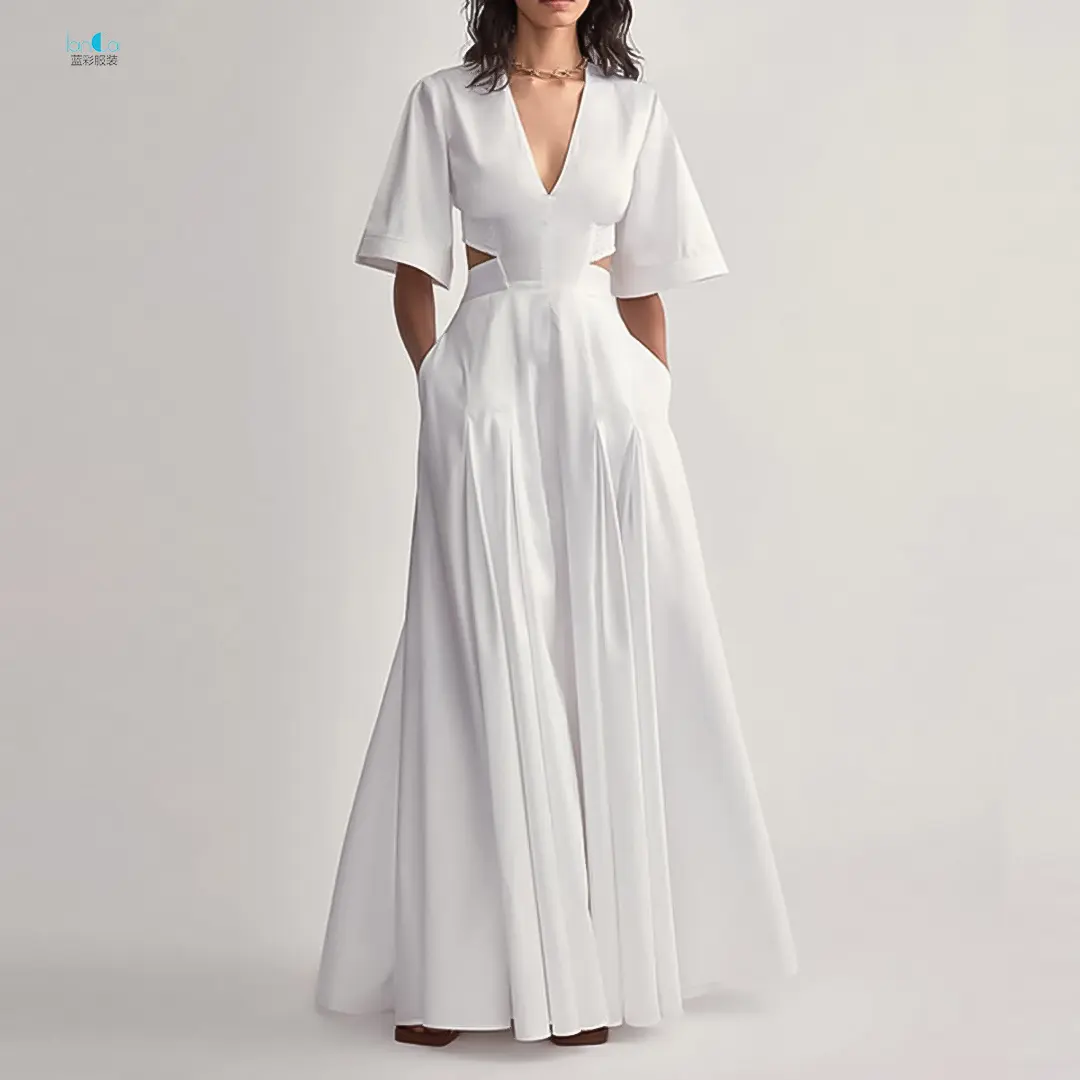 2023 Plain Ladies Summer Clothing V neck Show Back Waist Pure White Maxi Pleated Elegant Gentle Women's Dresses