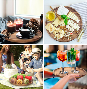 Grand plateau circulaire <span class=keywords><strong>en</strong></span> <span class=keywords><strong>bois</strong></span> d'acacia pour décorations <span class=keywords><strong>de</strong></span> table ottomanes, plateau à café, plateau à nourriture, plateau à trempettes, finition <span class=keywords><strong>bois</strong></span>. - Product Image 4