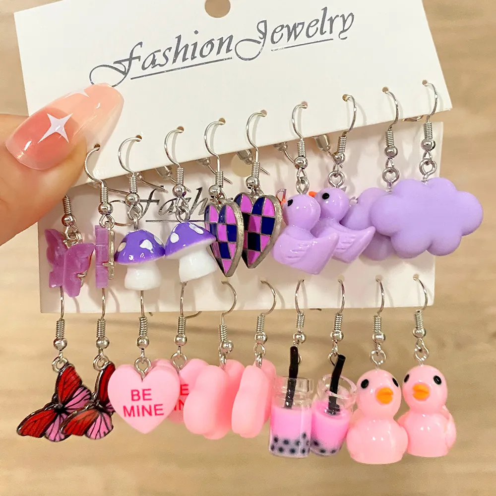 KISSWIFE – ensemble de boucles d'oreilles en acrylique, cœur violet, champignon, papillon, canard, rose, lait, tasse de thé, mignonnes boucles d'oreilles en résine