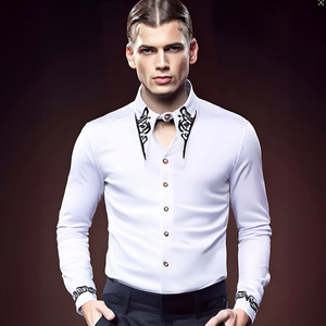 <span class=keywords><strong>Camisa</strong></span> <span class=keywords><strong>de</strong></span> <span class=keywords><strong>Vestir</strong></span> <span class=keywords><strong>de</strong></span> Lujo para Hombre con Bordado, Manga Larga, Corte Ajustado, <span class=keywords><strong>Blanca</strong></span>, para Boda, Fiesta Social, con <span class=keywords><strong>Cuello</strong></span> Bordado en Dorado/Negro - Product Image 1