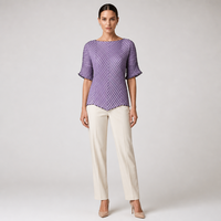 Chemisier plissé violet lilas pour femme, col bateau, manches courtes, plis accordéon, tenue de bureau, vente en gros, nouveau style
