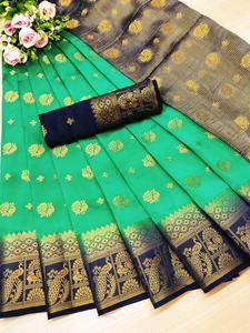 Kanchipuram Saree en soie tenue de soirée mariage indien dernier créateur Banarasi sari en coton et soie avec chemisier vêtements pour dames grossiste ApparelGarment - Product Image 5