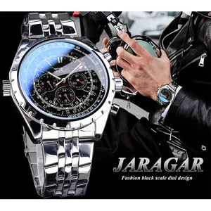 Jaragar 1144 Montre-bracelet mécanique d'affaires pour hommes Design en verre bleu Noir Argent Horloge de date automatique Lumineux Inoxydable Creux - Product Image 3