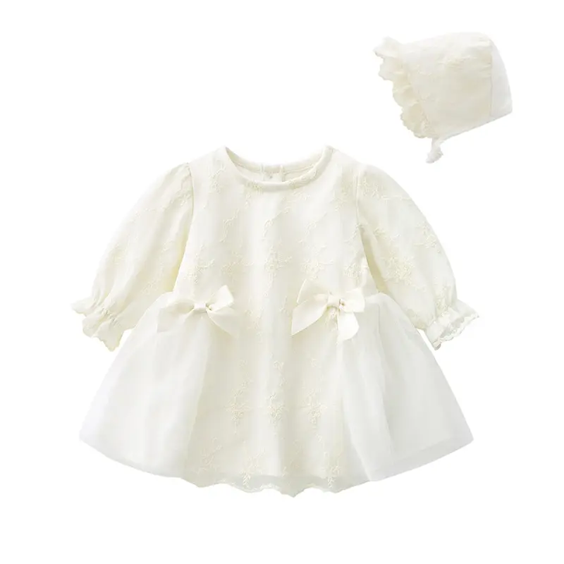 Vestido de princesa manga longa branca, alta qualidade, laço, branco, vestido de batizado para bebê, batismo, chapéu DGFD-134