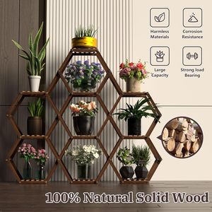 Support de plantes hexagonal d'intérieur pour plusieurs plantes, grand étagère à plantes en bois d'extérieur, support pour 10 pots, support à fleurs pour patio - Product Image 5