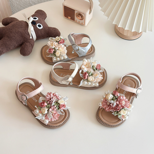 Nouvelles sandales d'été à fleurs et à lacets pour filles, sandales ouvertes à bout ouvert, chaussures de plage décontractées pour filles - Product Image 3