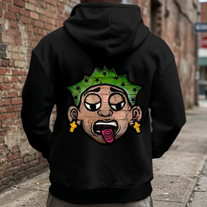 Unisex Herbst Schwarzer Baumwoll-Hoodie mit Lockerem Schnitt, Cartoon-Druck auf der Rückseite, Grüner Haar-Charakter Pullover, Lässiger Adil Nexus mit Tasche - Product Image 2