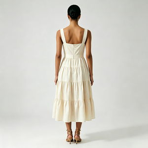 <span class=keywords><strong>Robe</strong></span> longue beige à volants avec encolure carrée et <span class=keywords><strong>d</strong></span>étail boutonné sur le devant pour femme, tenue <span class=keywords><strong>d</strong></span>écontractée élégante <span class=keywords><strong>d</strong></span>'été - Product Image 3