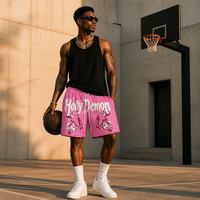 Shorts en maille double couche rose RAMAX 260GSM, motif squelette Holly Demon, streetwear, bas de tenue de basketball, vente en gros
