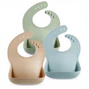 Ensemble de 3 bavoirs pour bébé en silicone de qualité alimentaire, imperméables, doux, écologiques, unisexes, fermeture à bouton, motif uni, 10-72 mois - Product Image 1