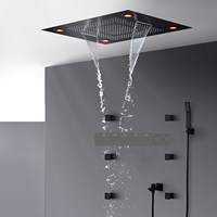 Ensemble de douche mural moderne noir laqué laiton avec système de douche pluie LED, mitigeur thermostatique en céramique pour salle de bain complète, 6 fonctions