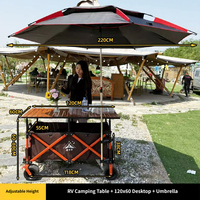 Chariot de camping pliable à quatre roues avec table réglable en hauteur et toit pare-soleil pour le shopping et le rangement
