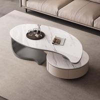 Table basse STG moderne italienne de luxe léger, en pierre frittée blanche irrégulière, à niveaux, extensible, avec rangement écologique en bois