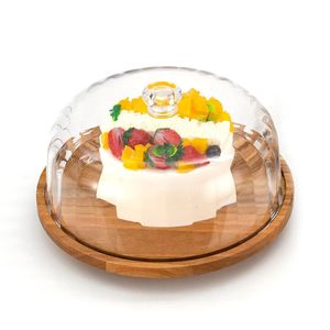 Plateau à gâteau en bois avec base rotative, plateau à dessert rond en bois massif avec couvercle transparent pour les fêtes d'anniversaire - Product Image 1