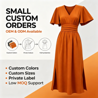 Robe midi élégante pour femme, coupe trapèze, col en V, avec taille froncée, manches à volants, fente haute, en tissu tissé, pour le printemps et l'été, vente en gros Spot