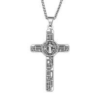 Yunnique Collier pour homme avec pendentif croix chrétienne tibétaine en argent couleur acier, design géométrique, double face, bijou cadeau carré
