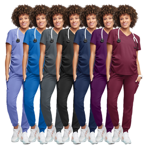 Uniformes de gommage de maternité pour femmes à la mode <span class=keywords><strong>pas</strong></span> <span class=keywords><strong>cher</strong></span> ensemble haut jambe conique pantalon de survêtement chirurgical médical gommages Polyester Spandex - Product Image 2