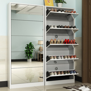 Maison moderne en bois avec miroir économiseur d'espace mince armoire à chaussures simple étagère à chaussures avec portes en verre - Product Image 4