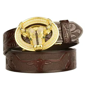 Amerikaanse Western Cowboy Bull Head Automatische Gesp Heren Riem Koeienhuid Persoonlijkheid Casual Riem Mannelijke Os Zodiac Riem