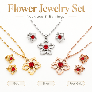 Conjunto de Joyería de Flores con Pétalos de Corazón Hueco para Mujer, Collar con Colgante de Cristal Rojo y Aretes - Product Image 6