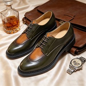 Chaussures Derby en cuir vert olive vintage de luxe pour hommes, chaussures habillées à lacets à semelle épaisse et finition bruni, chaussures décontractées à bout amande - Product Image 1