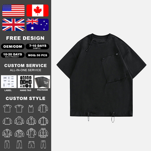 Camiseta KingSen de Manga Corta con Cordón Ajustable en el Bajo, Estilo Vintage, de Gamuza Sintética, Hombros Caídos, Corte Holgado, con Bolsillo - Product Image 2