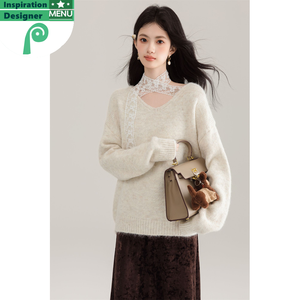 Maglione di Alta Qualità 2025, Elegante Scollo a V in <span class=keywords><strong>Pizzo</strong></span>, Lavorazione in Lana di Alta Qualità, Bianco - Product Image 4