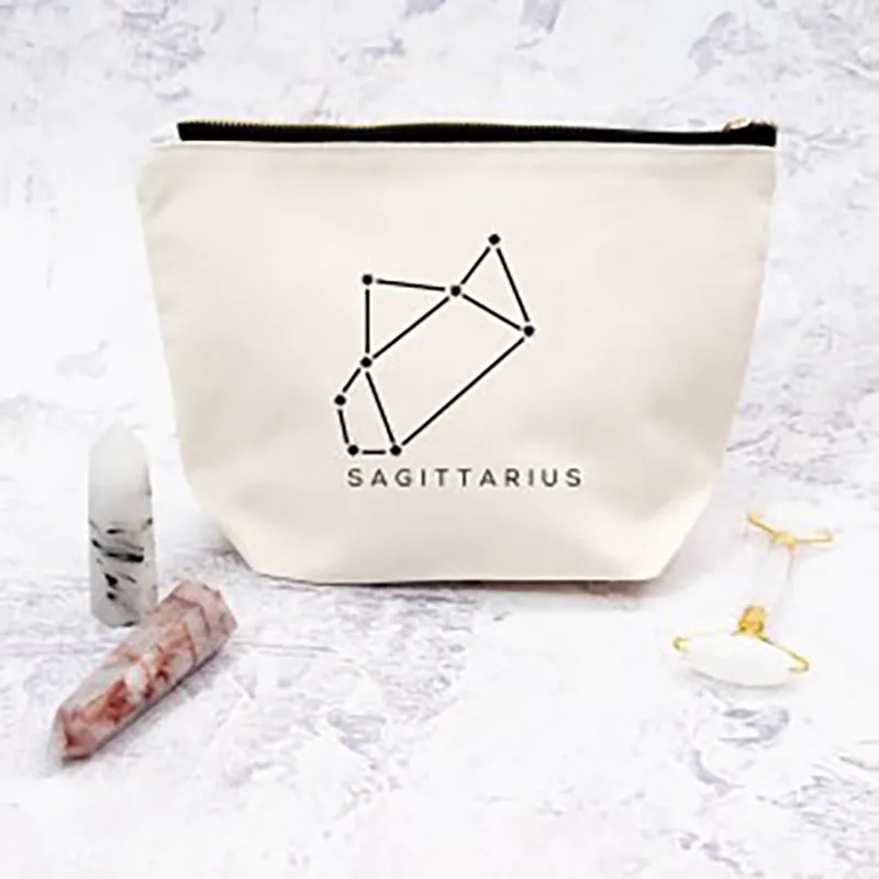 Custom Logo Recycled Eco Plain Constellation Toiletry Pouch Cotton Makeup Bag Canvas Cosmetic Bag for Ladies Zip Pouch