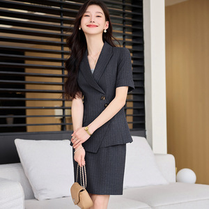 Professional Suit Set For Women Short Sleeve Gray Stripe Hotel Work Uniform Summer 2025 Polyester Cotton - Product Image 4