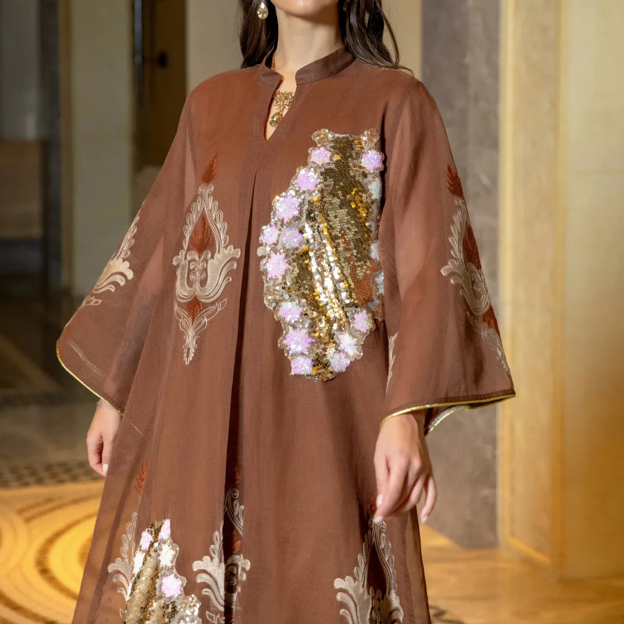 Roupas islâmicas bordadas de alta qualidade para Eid, vestido de noite Dubai, lantejoulas estampadas florais, abaya muçulmano de luxo para mulheres, 2024