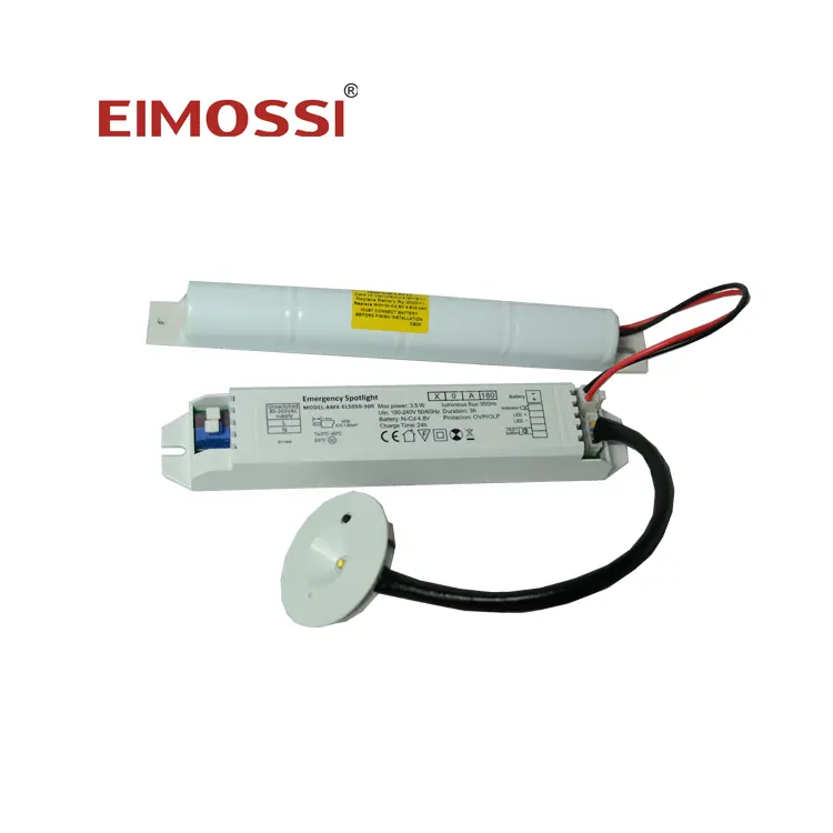 AIMOXI आपातकालीन प्रकाश प्रणाली में 3 घंटे की अवधि और स्पॉट लाइट कार्यक्षमता के साथ एक रिचार्जेबल NiCd बैटरी है