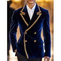 Costume de mariage homme en velours bleu avec revers à sequins dorés, veste ajustée, pour fête d'anniversaire, bal de promo, tenue de marié, 2 pièces (Blazer + Pantalon)