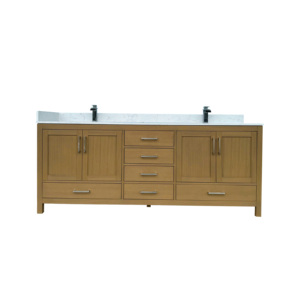 Meuble-lavabo de salle de bain moderne à double trou de robinetterie, avec tiroirs de rangement en mélamine durable, évier en granit et plan de travail en marbre - Product Image 1