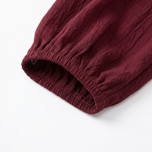 เสื้อชีฟองสีแดงเบอร์กันดีสำหรับผู้หญิง พร้อมโบว์ผูกด้านหน้า แขนทรงบอลลูน ทรงหลวม คอทรงโอ เสื้อลำลอง - Product Image 5