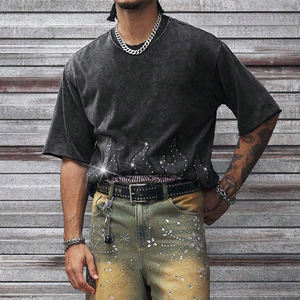 Camisetas Oversize Personalizadas con Diamantes de Imitación y Borde Deshilachado, Estilo Streetwear, Bling, Manga Corta, Vintage, Lavado Ácido - Product Image 3