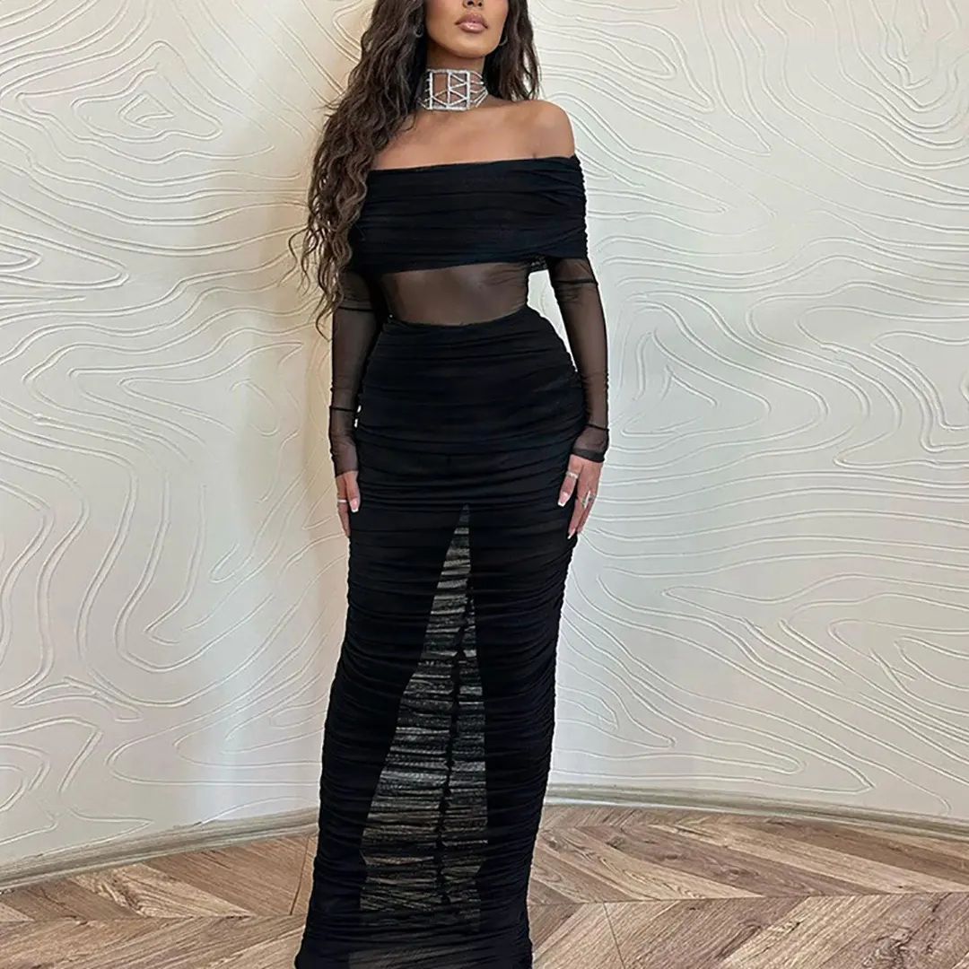 Women's Sexy Off-shoulder Factory Customized Women's Solid Color Long Thigh Mesh See Through Dress Evening Dress