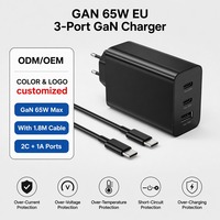 Adaptor Daya 3 Port PD 65W EU Pengisi Daya Dinding 1M 3A Kabel C ke C Mekanisme Pengiriman Daya Stabil Pengisi Daya Aman 2 Tipe C+1 USB-A