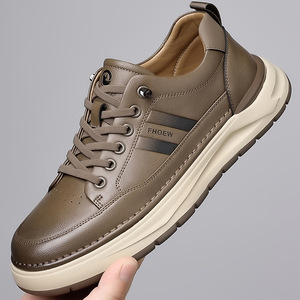 FHOEW รองเท้าผ้าใบหนังผู้ชายส้นเตี้ยพื้นรองเท้ายางกันลื่นรองเท้าลำลองสำหรับเดิน - Product Image 1