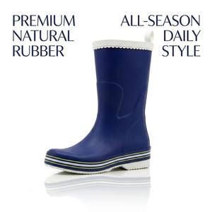 Bottes <span class=keywords><strong>de</strong></span> <span class=keywords><strong>pluie</strong></span> en caoutchouc mi-mollet pour femmes, toutes saisons, <span class=keywords><strong>bleu</strong></span> <span class=keywords><strong>marine</strong></span> uni, avec bord festonné ondulé, vente en gros - Product Image 2