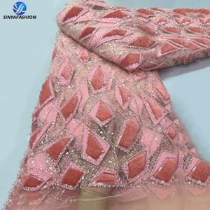 Красивая африканская бархатная кружевная ткань Sinya, высокое качество, 5 ярдов, роскошная вышитая блестками, французская сетка, Свадебное кружево - Product Image 3