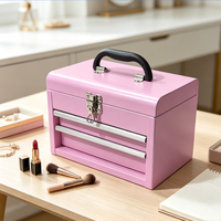 Boîte à outils portable en métal rose à 2 tiroirs, boîte de rangement verrouillable pour maquillage, artisanat, bijoux, petites pièces de quincaillerie