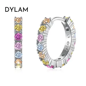 Dylam Iced Out Eternity Band Diamond S925 Sterling Silver Earring Colorful Pink Stone Cz Cubic Zirconia Hoop Earrings For Women
