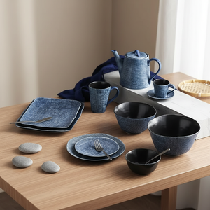 Modern Cartoon <b>Dinnerware</b> <b>Sets</b> Nordic Denim Textured Tableware Creative Salad Bowl Dinner Plates Blue Ceramic Dishwasher Safe - Product Image 6