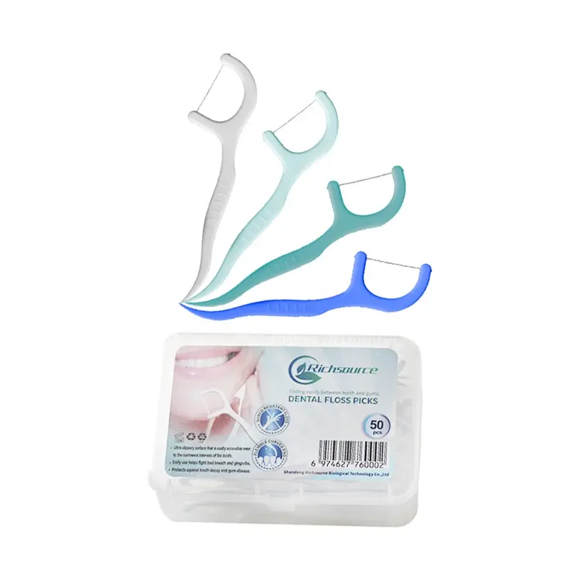 Boîte en plastique écologique 50 pièces bâton dentaire de gomme de saveur de menthe UHMWPE fil de cure-dents fil de fil de soie dentaire