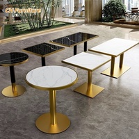 Tables et chaises de salle à manger en marbre pour restaurants occidentaux, table de salle à manger en dalle de roche commerciale avec pieds en acier inoxydable doré