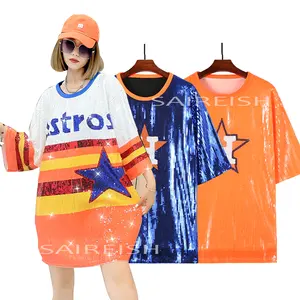 Personnalisé 2024 Nouveau Astro Bleu Orange Rayures Baseball Jersey Sequin T-shirt Robes Décontractées Pour Les Femmes