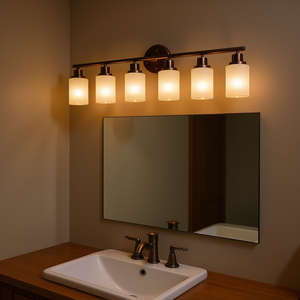 Applique murale moderne pour salle de bain, 6 lumières, 39 pouces, finition en fer cuivré, verre dépoli, éclairage LED blanc chaud - Product Image 2