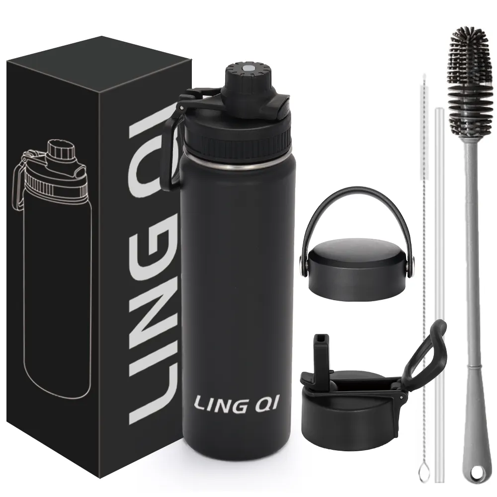Custom Vacuum Insulated Wide Mouth Sublimation Stainless Steel Water Bottles With Straw 3 Lids